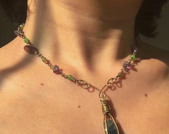 Whimsigoth Moss Agate Necklace, Wire Wrapped Fluorite Peridot Jewelry Pendant