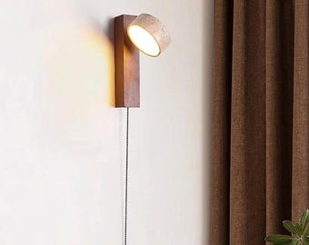 Travertine Stone Wall Lamp with Solid Wood Backplate – Rotatable Headboard Light, Pull Chain Switch