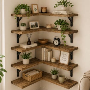 May include: A rustic corner shelving unit with five wooden shelves, supported by black metal brackets. The shelves are decorated with potted plants, framed pictures, candles, books, and decorative items, creating a homely display. The text on the frame says "Together is our favourite place to be."