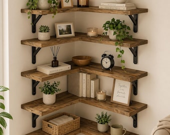 Corner Floating Shelves Wall Mounted – Rustic Wood Industrial Shelf – Space Saving Wall Storage for Living Room, Bedroom, Kitchen Decor