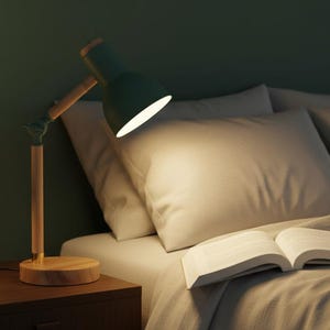 May include: A bedroom scene featuring two lamps and a book. A small gold lamp with a white shade sits on a wooden nightstand. A green and wood desk lamp is angled towards a bed with white pillows and a book.