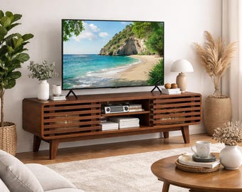 Mid Century Modern TV Stand 55 Inch, Walnut Media Console, Sliding Door TV Stand, Wood Entertainment Center, Retro TV Console