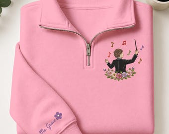 Aangepaste naam muziekleraar sweatshirt met kwartrits, geborduurde dirigenttrui, levendige melodie bloem ronde hals, cadeau voor leraar