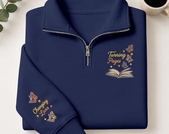 Pagina's omslaan die levens veranderen, leesleraar geborduurde kwartrits, trui schoolbibliothecaris, cadeau boekenliefhebber