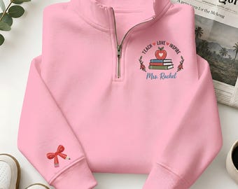 Gepersonaliseerde aangepaste naam leraar kwartrits, coquette-potloodstrik, Teach Love Inspire-trui, cadeau leraar waardering