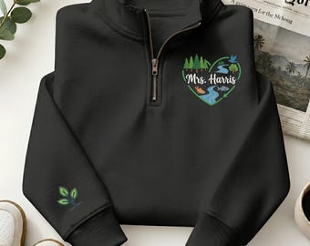 Gepersonaliseerde milieuwetenschap kwartrits, milieuvriendelijk sweatshirt voor leraar met hart, shirt voor leraar biologie ecologie, cadeau voor leraar