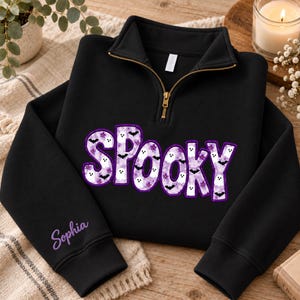 Sudadera personalizada con cremallera de un cuarto y diseño espeluznante, sudadera bordada con retazos de Halloween, jersey de fantasma con nombre personalizado.