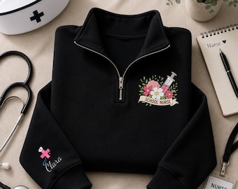 Custom School Nurse Quarter Zip, Personalized Nurse Embroidered Pullover, Floral Medical Sweatshirt, Nursing Staff Gift, Back to School