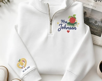 Aangepaste kwartrits voor leraar, geborduurde Apple Books-trui, gepersonaliseerd cadeau voor leraar, outfit voor leraar terug naar school