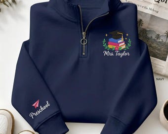 Custom Teacher Quarter Zip, Embroidered Graduation Books Pullover, Personalized Name School Teacher Sweatshirt, School Teacher Gift