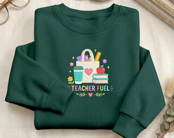 Geborduurd sweatshirt leraar brandstof, schattige draagtastrui, kleurrijk koffieboeken schoolshirt, cadeau voor leraar