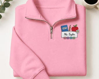 Geborduurd wiskundeleraar sweatshirt met kwartrits, aangepaste naam leraar cadeau, trui wiskundige symbolen, STEM-onderwijzerkleding