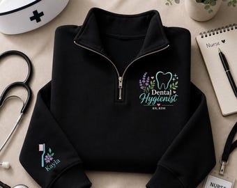 Personalized Dental Hygienist Quarter Zip, Embroidered Tooth Pullover, Custom Name Top, Oral Health Apparel, Dental Staff Gift