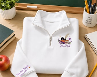 Personalized Literature Teacher Quarter Zip, Custom Book Lover Shirt, English Teacher Embroidery, Name Teacher Pullover, Back to School Gift