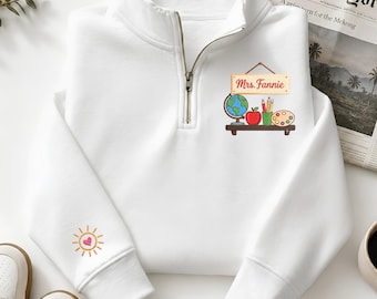 Personalized Embroidered Teacher Quarter Zip, Custom School Supplies Pullover, Graduation Gift For New Teacher, First Year Educator