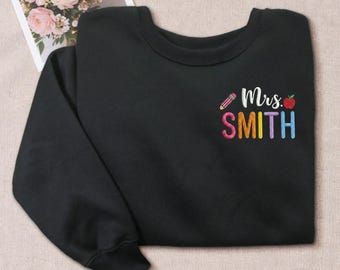 Custom Name Teacher Sweatshirt, Personalized Embroidered Teacher Gift, Coquette Bow School Supplies Crewneck, Appreciation Gift for Her