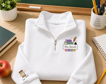 Literature Teacher Embroidered Quarter Zip, Personalized Book Lover Pullover, Back To School, Teacher Appreciation Gift