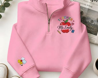 Gepersonaliseerde Apple Teacher-kwartrits, coquette-potloodstrik Esthetische trui klaslokaal, cadeau leraar waardering