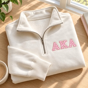 Sweat-shirt brodé personnalisé avec lettres grecques, fermeture éclair 1/4 à carreaux vichy, lettres grecques personnalisées, cadeau Big Little