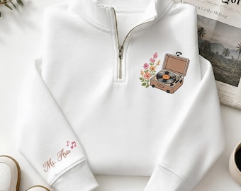 Muziekleraar aangepast sweatshirt met kwartrits, geborduurde platenspelertrui, vintage bloemenschoolshirt, cadeau voor leraar