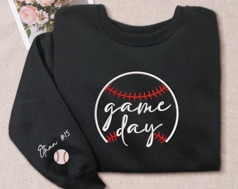 Custom Baseball Game Day Sweatshirt, Embroidered Baseball Mom Crewneck, Personalized Name Number Sleeve Gift, Sport Fan Apparel