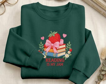 Sweater Reading is My Jam, geborduurd leesgrage shirt, kleding boekenliefhebber, cadeau voor lezers