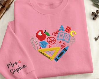 Personalized School Supplies Sweatshirt, Embroidered Classroom Essentials Pullover, Gift For Teacher, Back To School