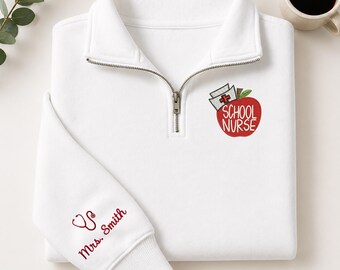 Embroidered School Nurse Custom Name Quarter Zip Sweatshirt, Apple Nurse Hat Pullover, Registered Nurse Gift, Back to School Apparel