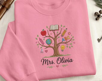Felpa personalizzata con nome per insegnanti, maglione con fiocco e albero, regalo per la festa dell'insegnante