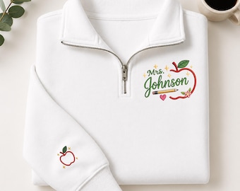 Aangepaste naam leraar sweater met kwartrits, geborduurde rode appeltrui, potloodbloem schooloutfit, cadeau voor leraar