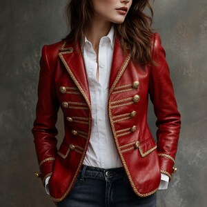 May include: A red leather military-style blazer featuring gold-toned braided trim along the lapels, cuffs, and front panels. The jacket is adorned with two vertical rows of gold-toned buttons and is worn over a crisp white button-down shirt.