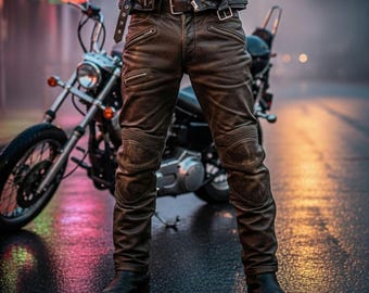 Men's Brown Distressed Genuine Cowhide Leather Motorcycle Pants – Cafe Racer Riding Trousers