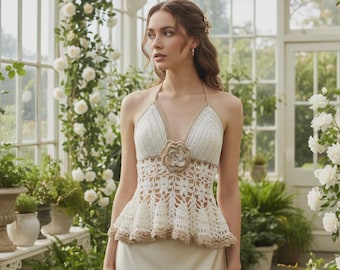 Top halter de ganchillo hecho a mano – Peplum de encaje dorado crema, broche de flor de cristal, estilo cottagecore romántico