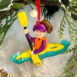 Personalized Brown Hair Girl on Kayak Christmas Ornament