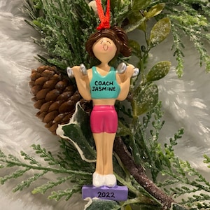 Personalized Weight Lifter Exercise Brunette Girl Christmas Ornament