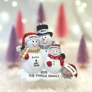 Pregnant Snowman Family 1 Child with Optional Pet Dog Cat Christmas Ornament