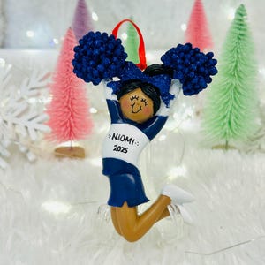 Personalized African American Dark Skin Cheerleader Blue & White Uniform Christmas Ornament