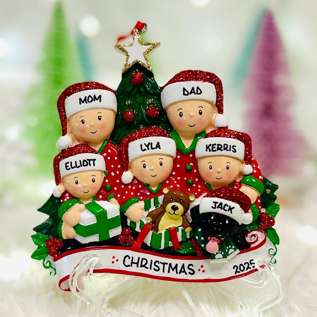 Personalized Family of 5 in Pajamas Opening Presents With Optional Pet ...