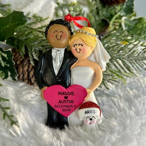 Personalized African American Groom Blonde Bride Wedding Couple with Optional Dog Cat Pet Christmas Ornament