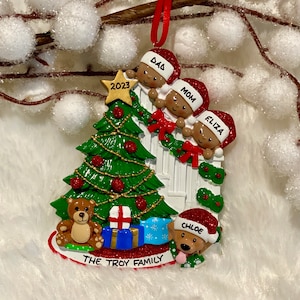 Personalized African American Family of 3 Peeking Christmas Tree with optional Pet Dog Cat Christmas Ornament