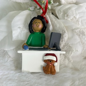 ON SALE!  African American Girl Computer User Virtual Home School Christmas Ornament with Optional Pet Cat Dog