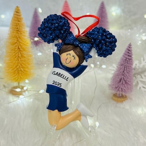 Personalized Brown Hair Cheerleader Blue & White Uniform Christmas Ornament