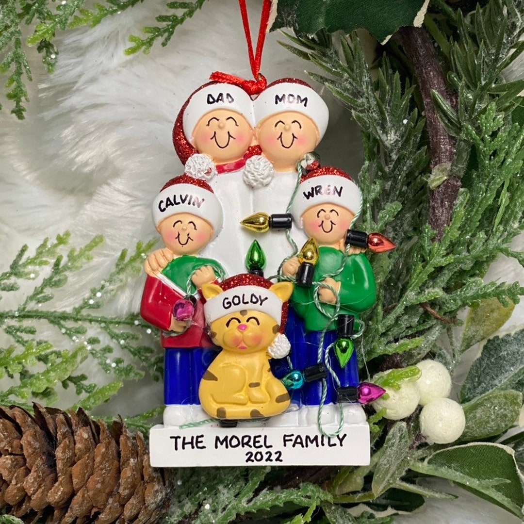 Personalized Family of 4 in Christmas Lights With Optional Pet Dog Cat ...