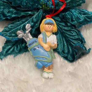 Personalized Female Blonde Golfer Christmas Ornament