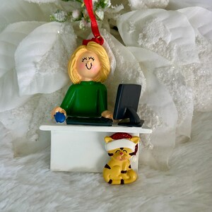 ON SALE!  Blonde Girl Computer User Virtual Home School Christmas Ornament with Optional Pet Dog Cat