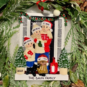 Personalized Farmhouse Family of 3 Christmas Ornament with Optional Pet Dog Cat