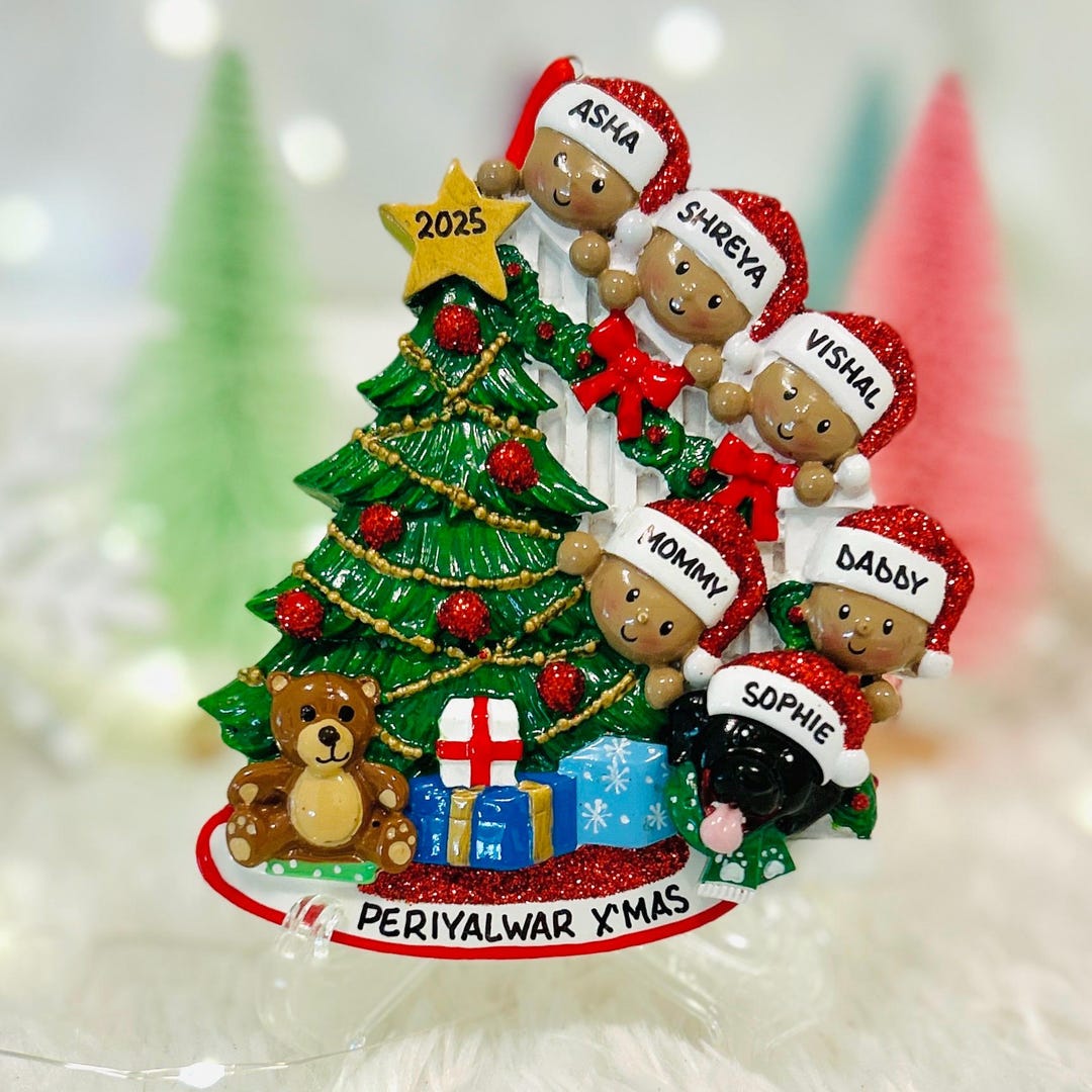Personalized African American Family of 5 Peeking Christmas Tree With ...