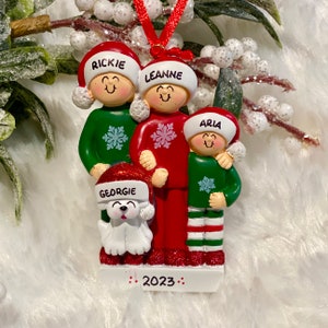 Personalized Pajama Family of 3 with Optional Pet Dog Cat Christmas Ornament