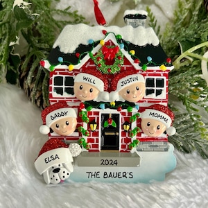 Personalized House Family of 4 Christmas Ornament with Optional Pet Dog Cat