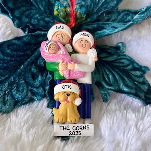Personalized New Parents Baby Girl in Pink Swaddle Blanket Christmas Ornament with Optional Pet Dog Cat